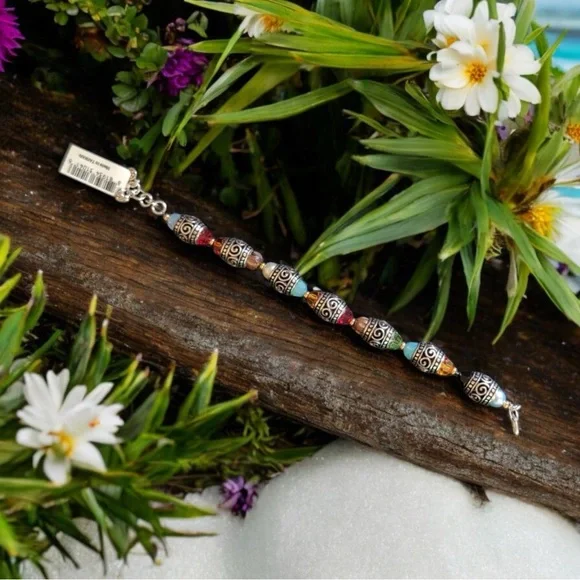 Brighton Ayu Rainbow Multi-Color Crystals Beads Wood Scroll Retired Bracelet NWT - Picture 3 of 6